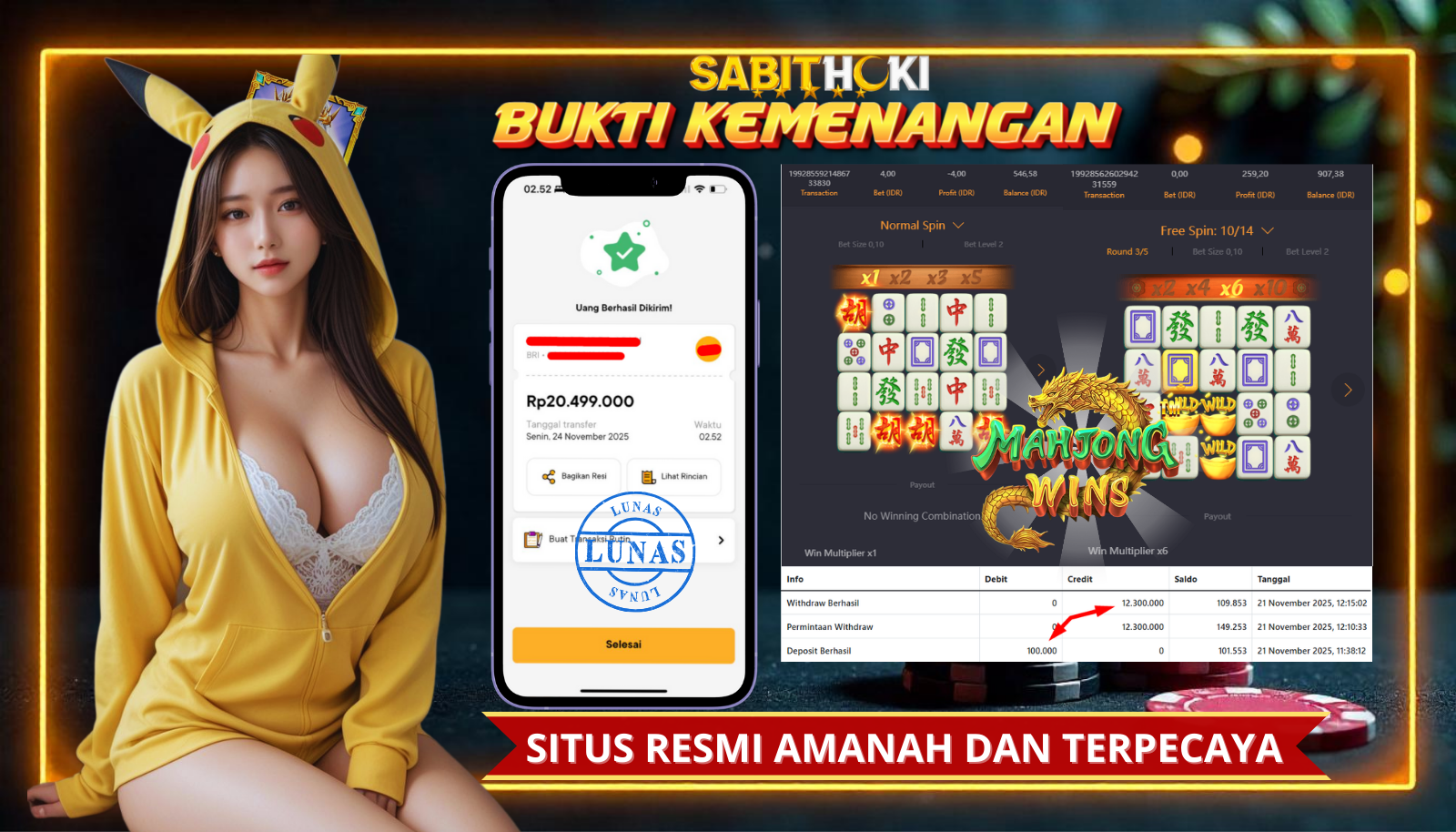 SELAMAT KEPADA MEMBER SETIA SABITHOKI YANG BERHASIL JACKPOT DI PERMAINAN MAHJONG 1